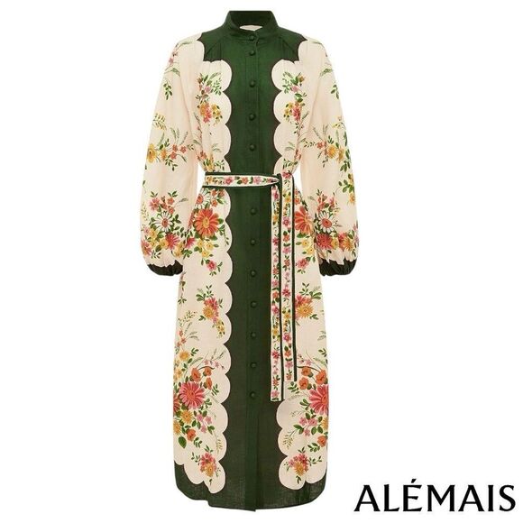 ALÉMAIS *NWT* Elisabetta Belted Forest Green/Cream Floral Linen Midi Shirt Dress - Picture 15 of 15